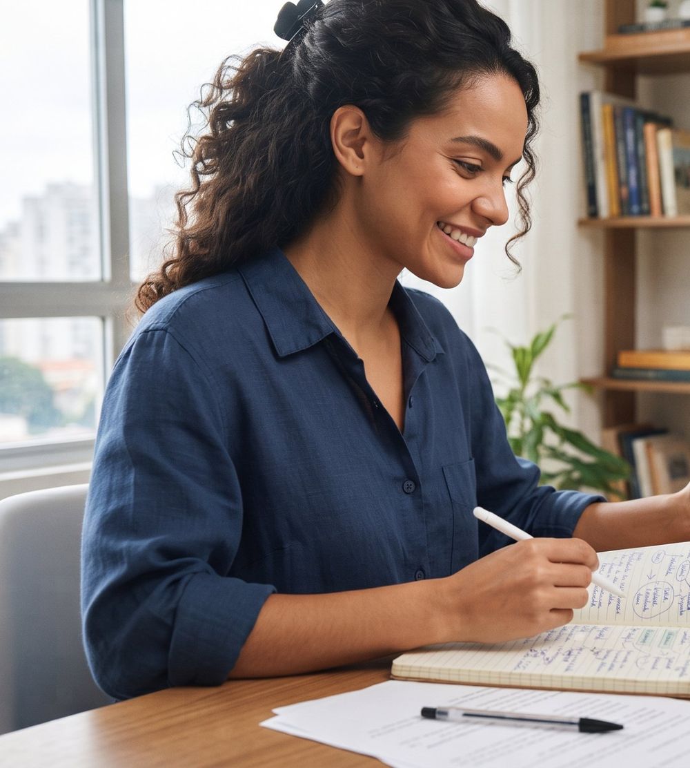 Contadora sorrindo enquanto faz anotações na mesa do escritório